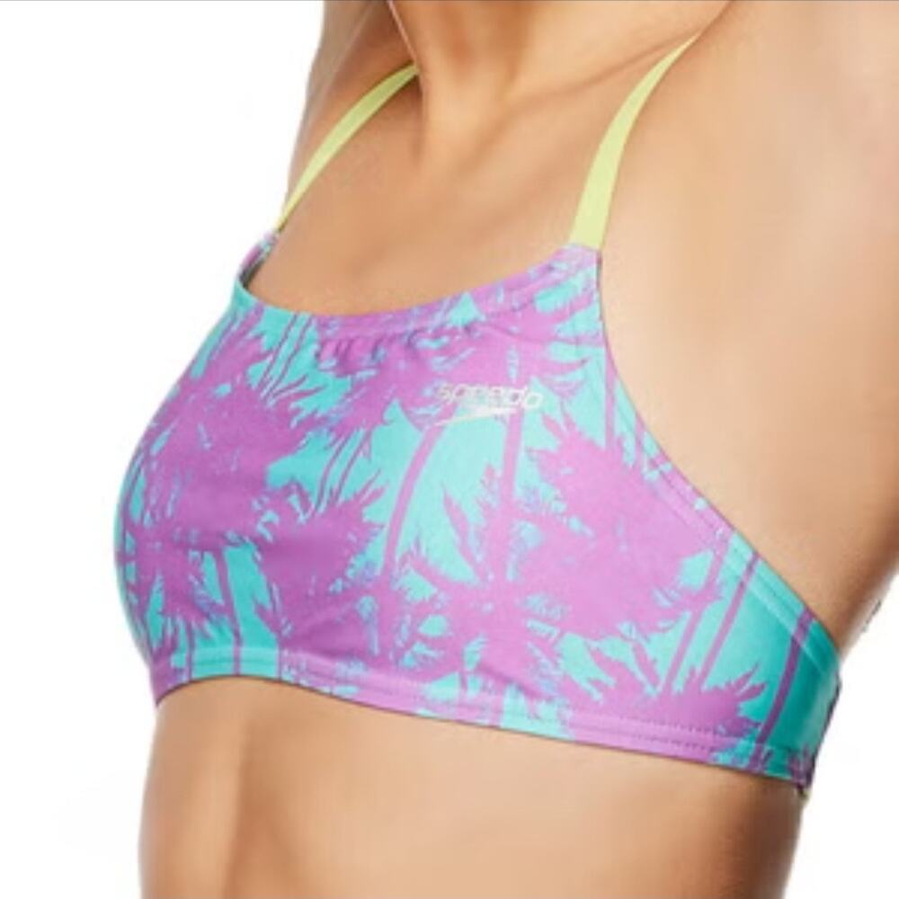 Speedo Eco Endurance Bikini‎ Top L Purple Palm Print Strappy Swim Training